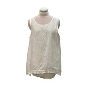 FRANCESCA BETTINI White 100% Linen Made in Italy Sleeveless Top Fringe Trim MED